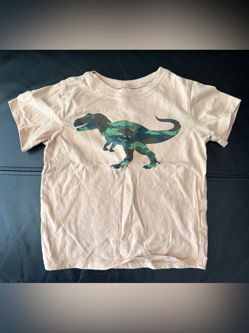 Kids Beige T-Shirt with Green Camo Dinosaur Graphic